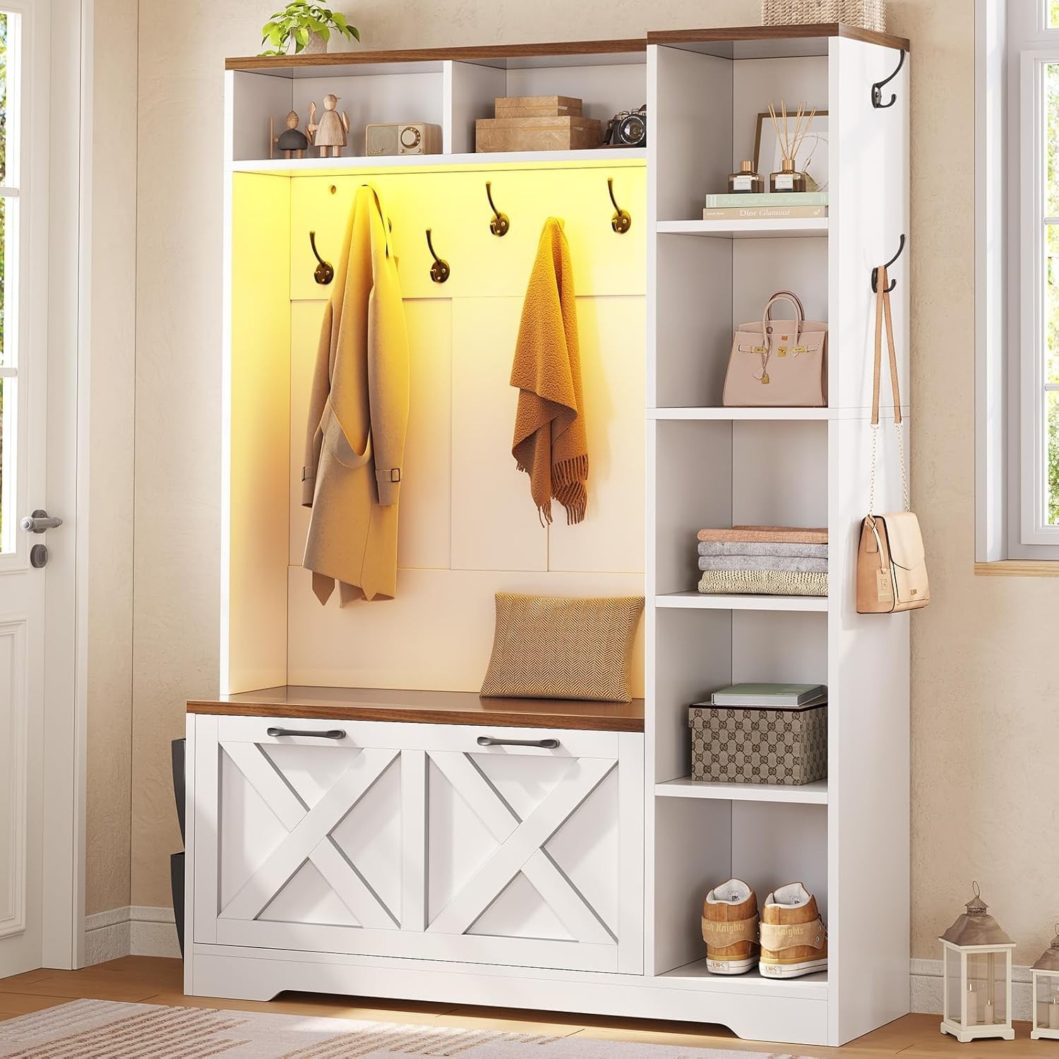 Hall Tree with Shoe Storage, Farmhouse Entryway Bench w/Flip Drawers &Led Lights
