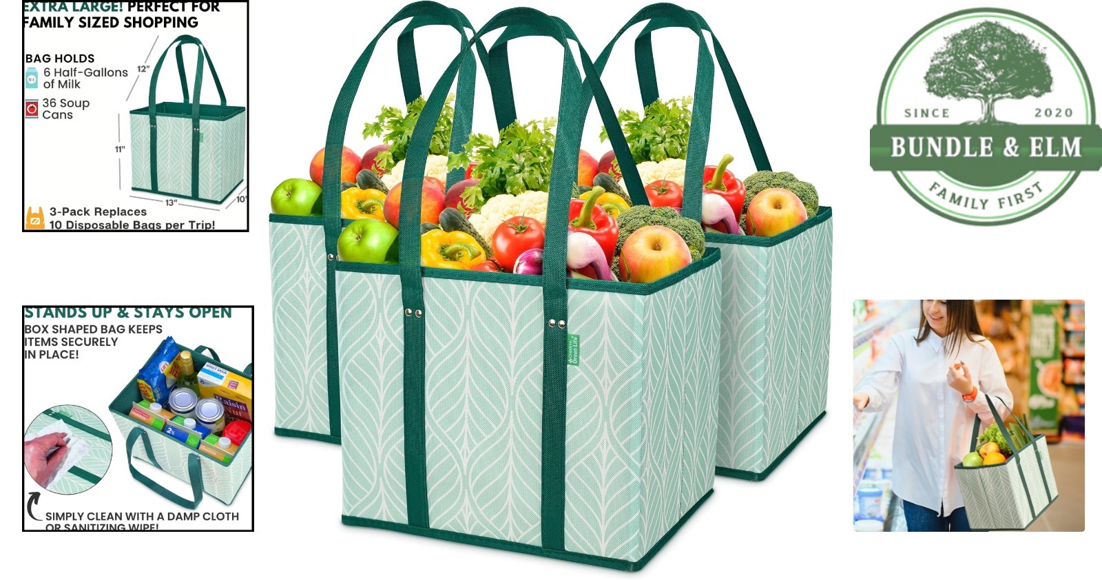 Reusable Canvas Grocery Bags with Triple Layer Design for Strength & Durability