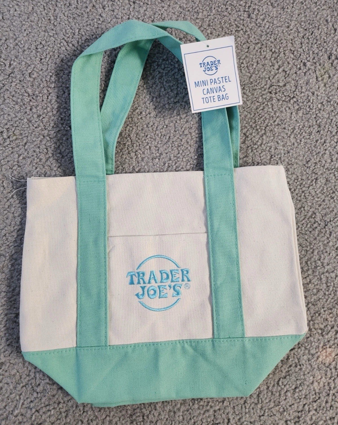 Trader Joe’s Spring 2025 Mini Canvas Tote Bag Pastel New With Tag – Teal / Green