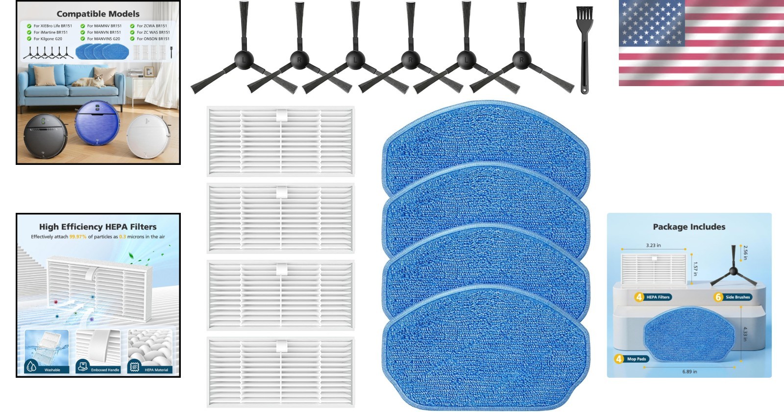 Complete BR151 Replacement Accessories: Filters, Mop Pads & 6 Side Brushes