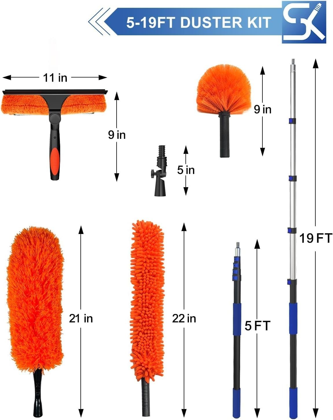 26 Foot High Reach Duster Kit 5-19 ft Telescoping Pole Ceiling Cobweb Cleaning