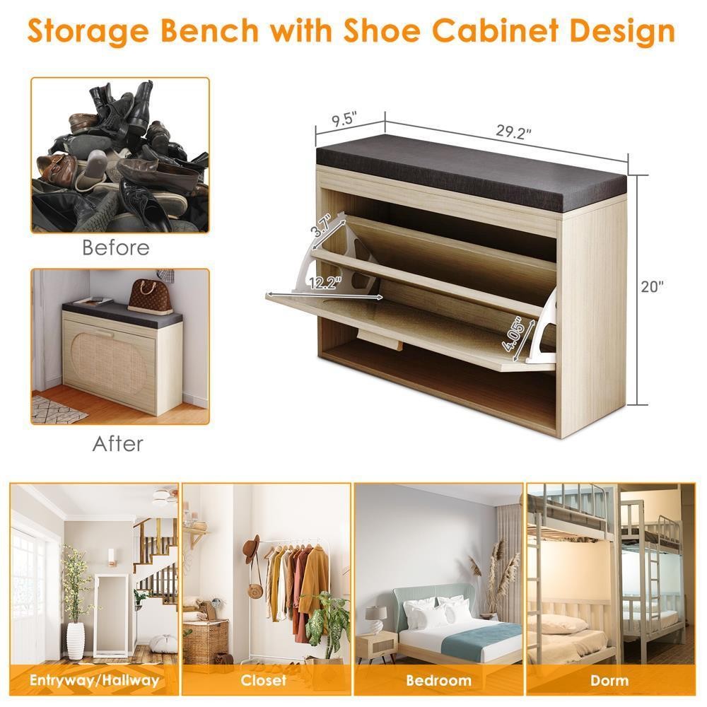 2 Tiers Rattan Shoe Storage Rack Bench Entryway Bench Shoe Cabinet for Hallway