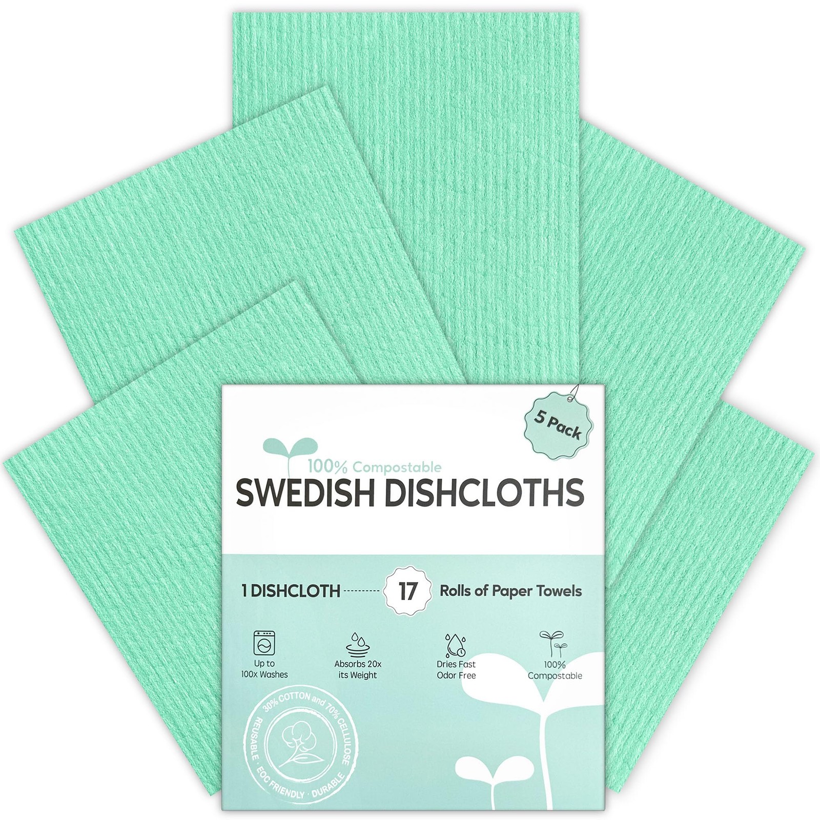 Auggee Swedish Dishcloths for Kitchen, 5 Pack 7 inches x 8 inches, Mint Green