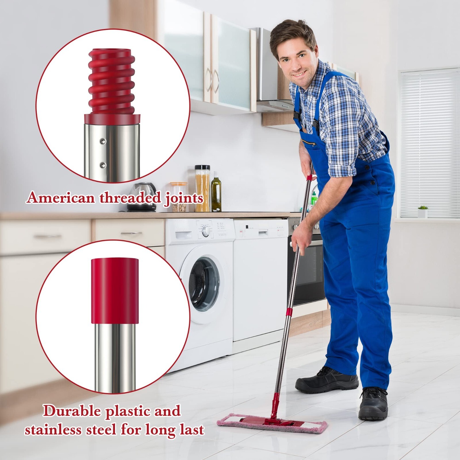 4 SectionSpin Mop Replacement Handle 32 Inch to 56 Inch Stainless Steel Red