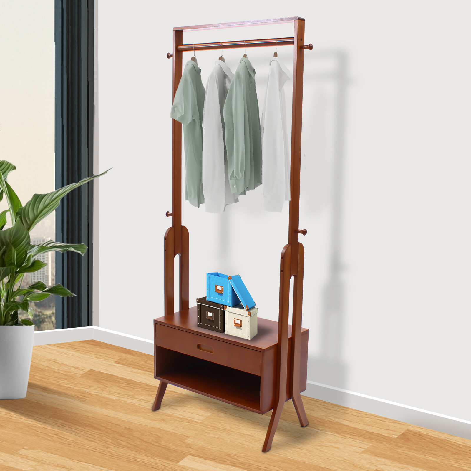 Bamboo Clothing Rack With Storage Drawer, Garment Rack Clothes Racks For Hanging