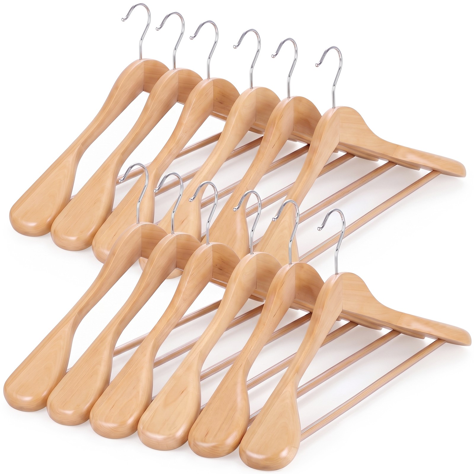 Premium Wooden Hangers 12 Pack Wide Shoulder Suit Coat Hanger w/ 360 Swivel Hook