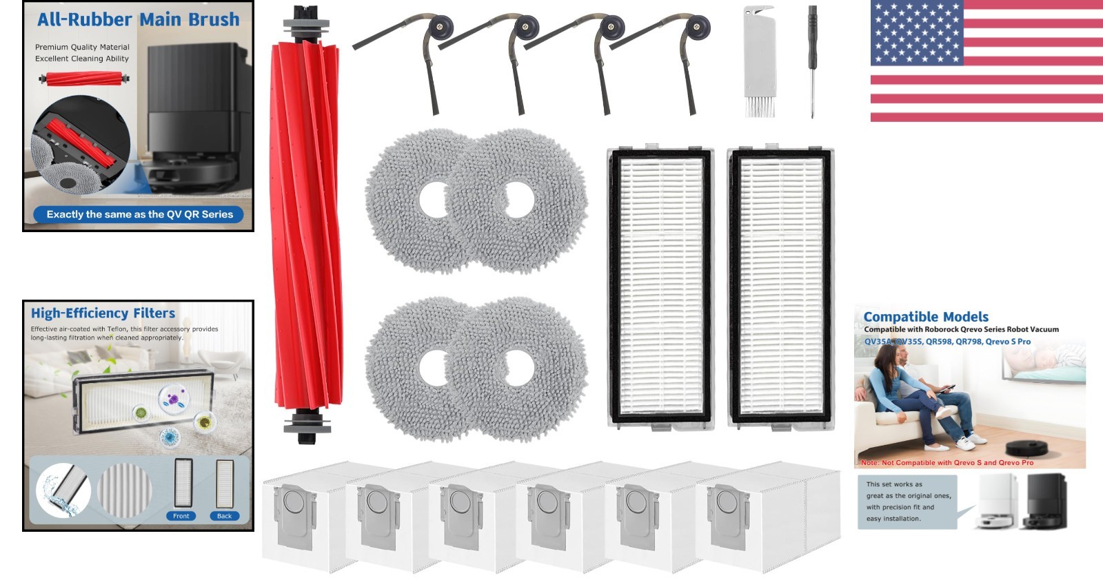 Roborock Qrevo Vacuum Accessories – 1 Main Brush, 4 Mop Cloths, 6 Dust Bags