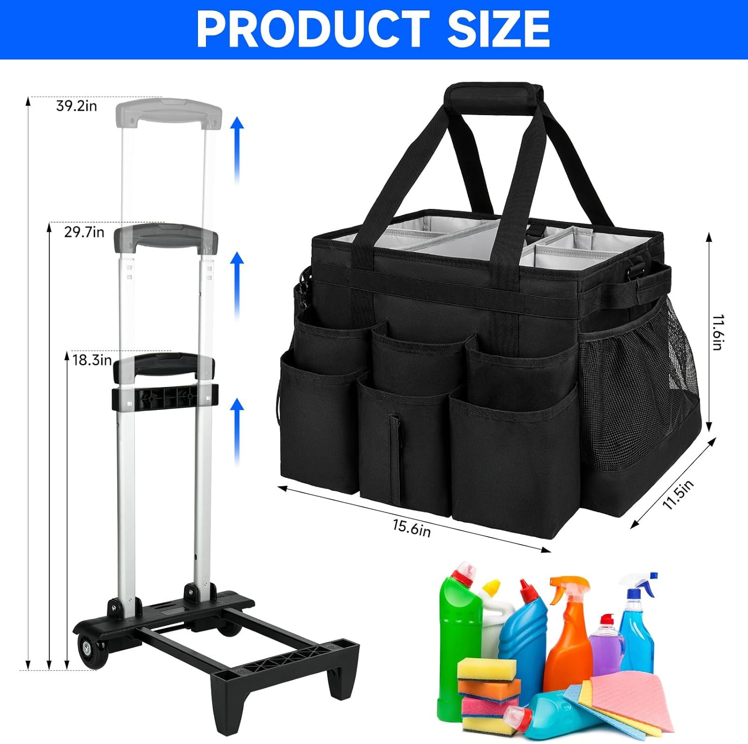 Large Rolling Cleaning Caddy Bag with Detachable Trolley,Cleaning Cart on Wheels
