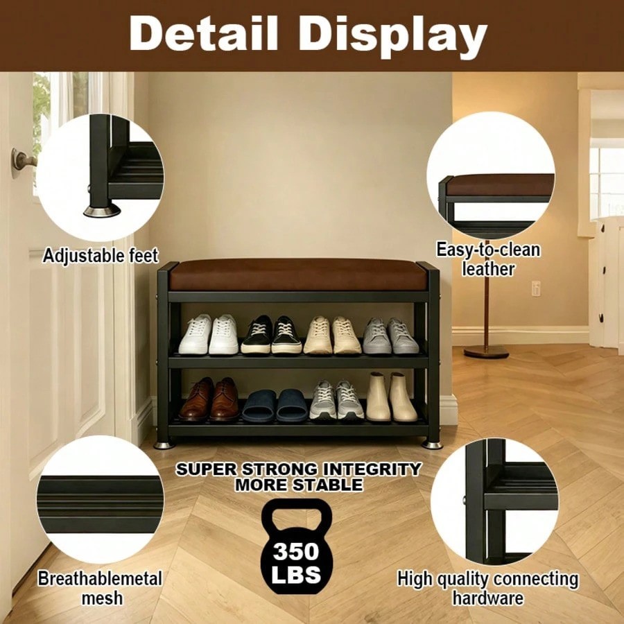 Entryway Shoe Bench 2-Tier Rack Padded Seat Brown 32in Storage Organizer