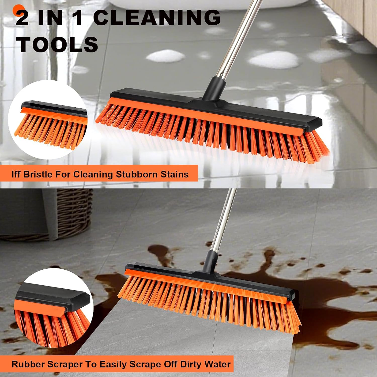18″ Push Broom Outdoor with Rubber Squeegee,Heavy Duty Broom Brush with Handle,S