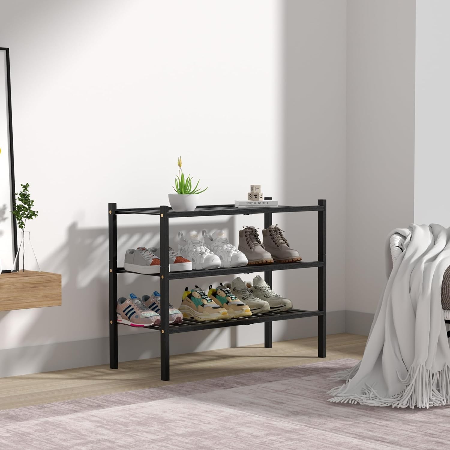 3 Tier Bamboo Shoe Rack for Closet Standing Wood Shoe Shelf Storage Organizer