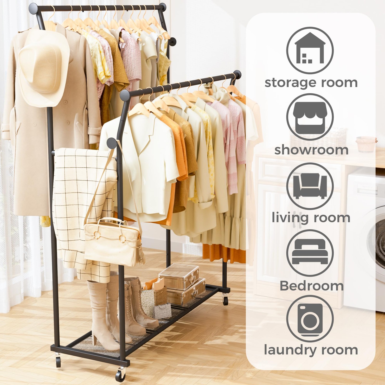 Double Rods Clothes Rack, Rolling Clothing Rack for Hanging Clothes with Hook…