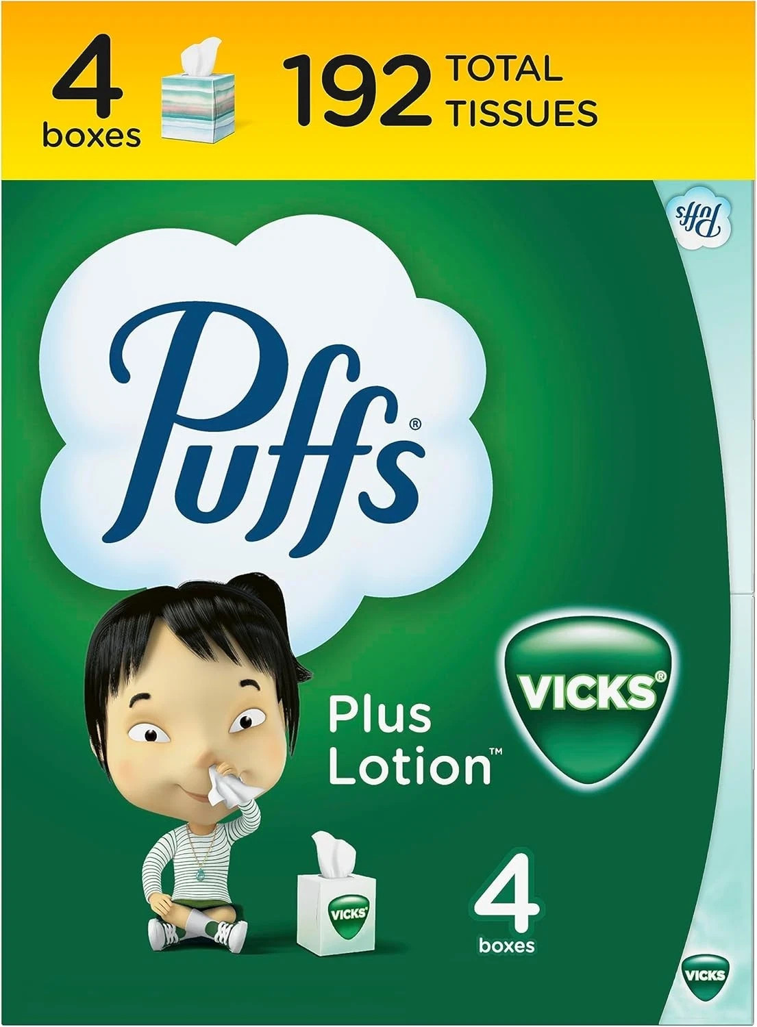 Puffs Plus Lotion with Vicks Facial Tissues 4 Cube Boxes 192 Total Tissues