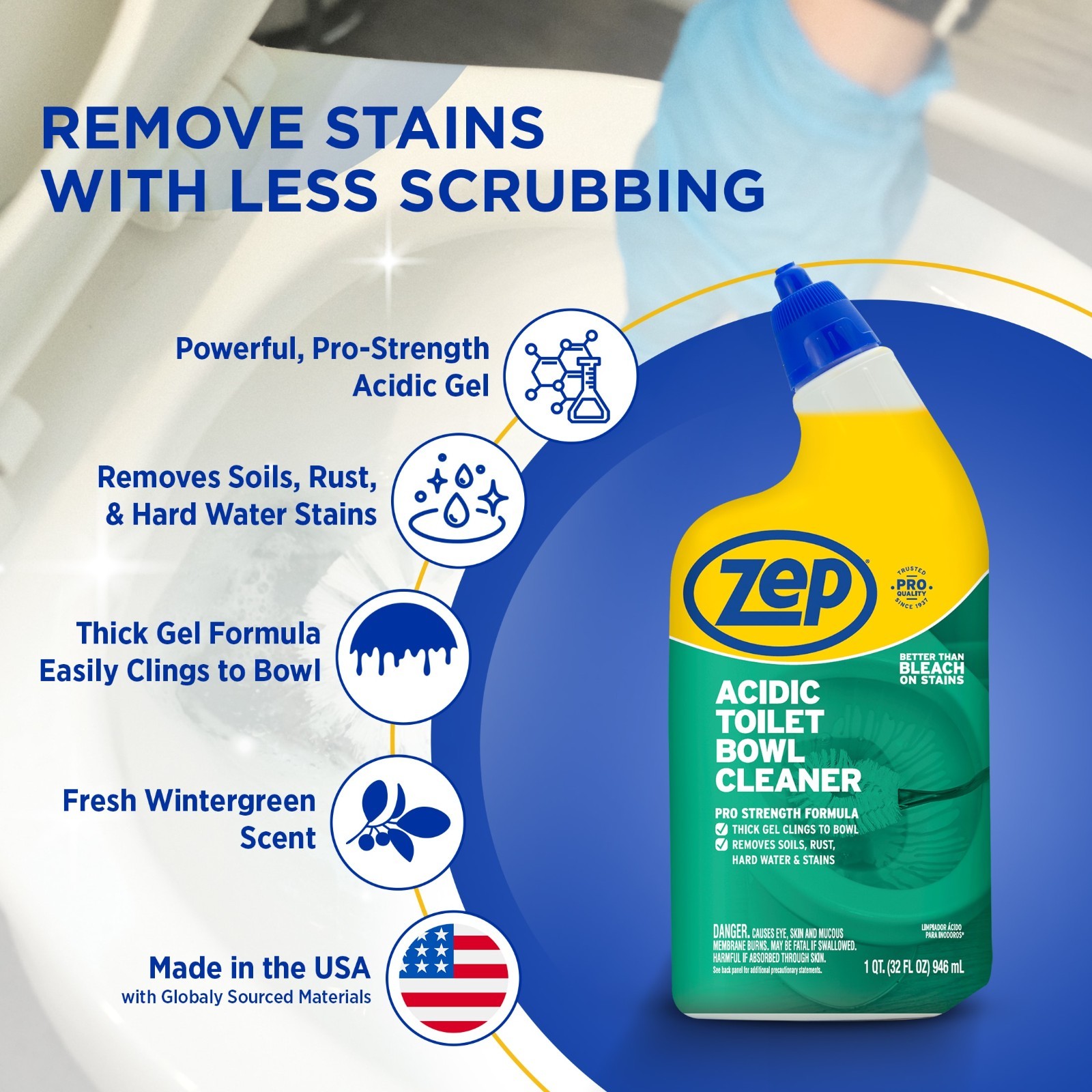 (4 Pack) Zep Acidic Toilet Bowl Stain Eraser Wintergreen Scent 32 fl oz Cleaner