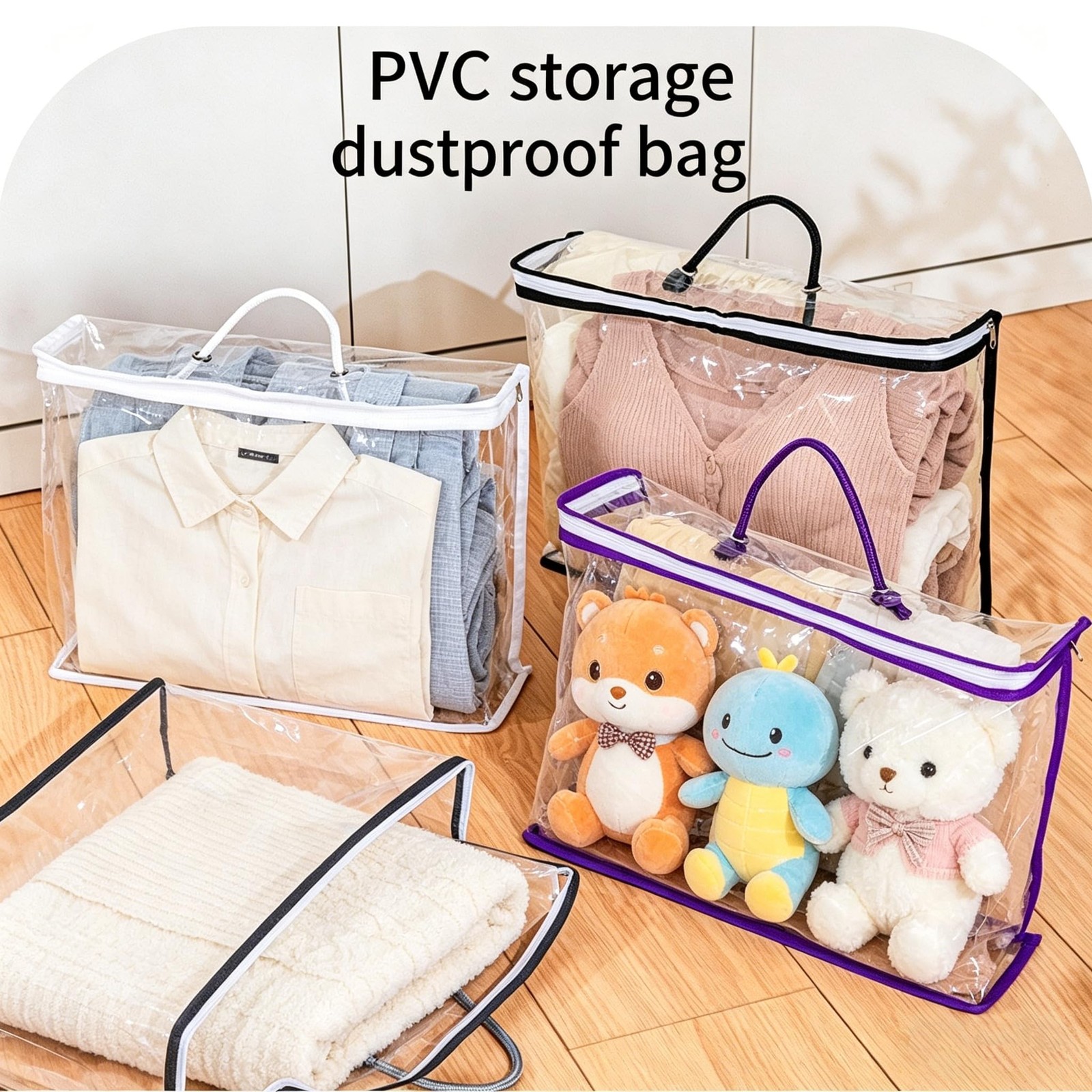 5 Pack Clear PVC Storage Bags with Reinforced Handles, Waterproof purple