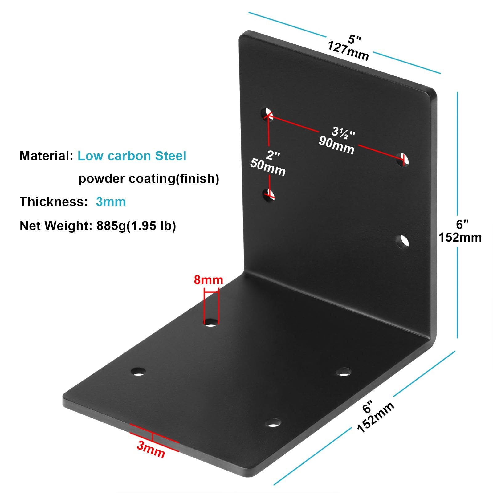 eoere 4 PCS Black 6″ x 6″ x 5″ Heavy Duty Steel L Right Angle Bracket, Corner…
