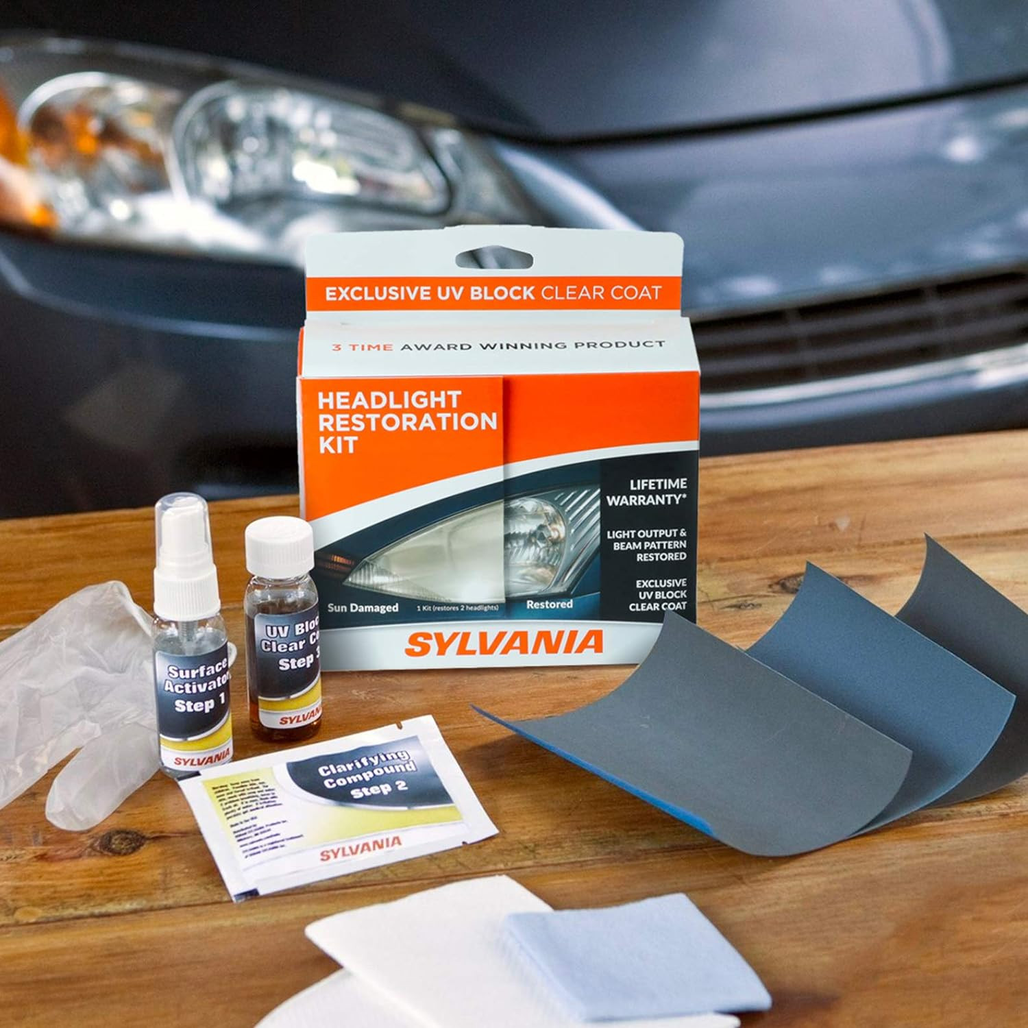 Sylvania Headlight Restoration Kit Renew Clarity Shine Easy 3 Step Process