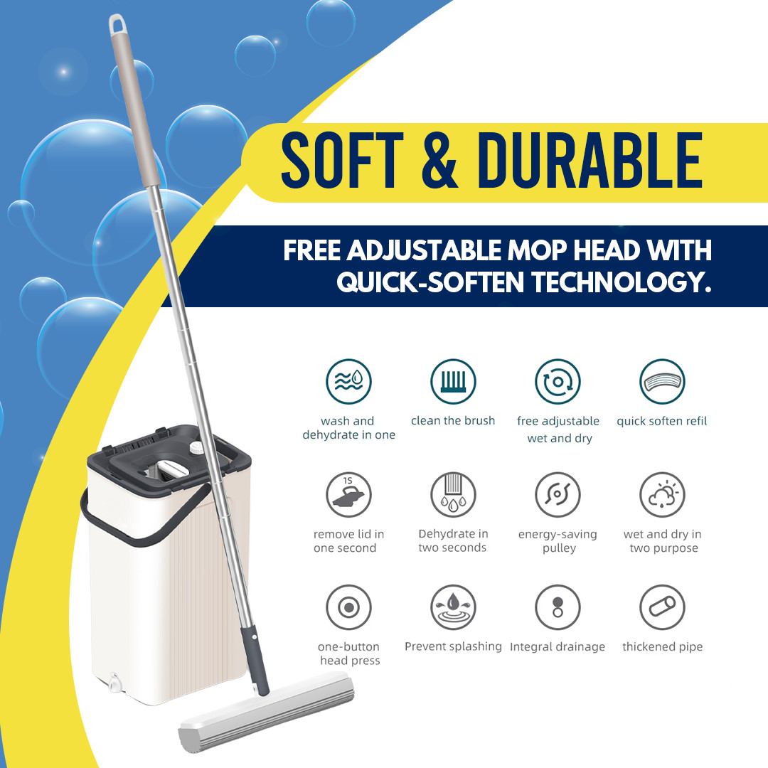 Mop and Bucket Set, 56Inch Pole, Two Mop Head Refills, PVA Mop & Bucket Cleaning