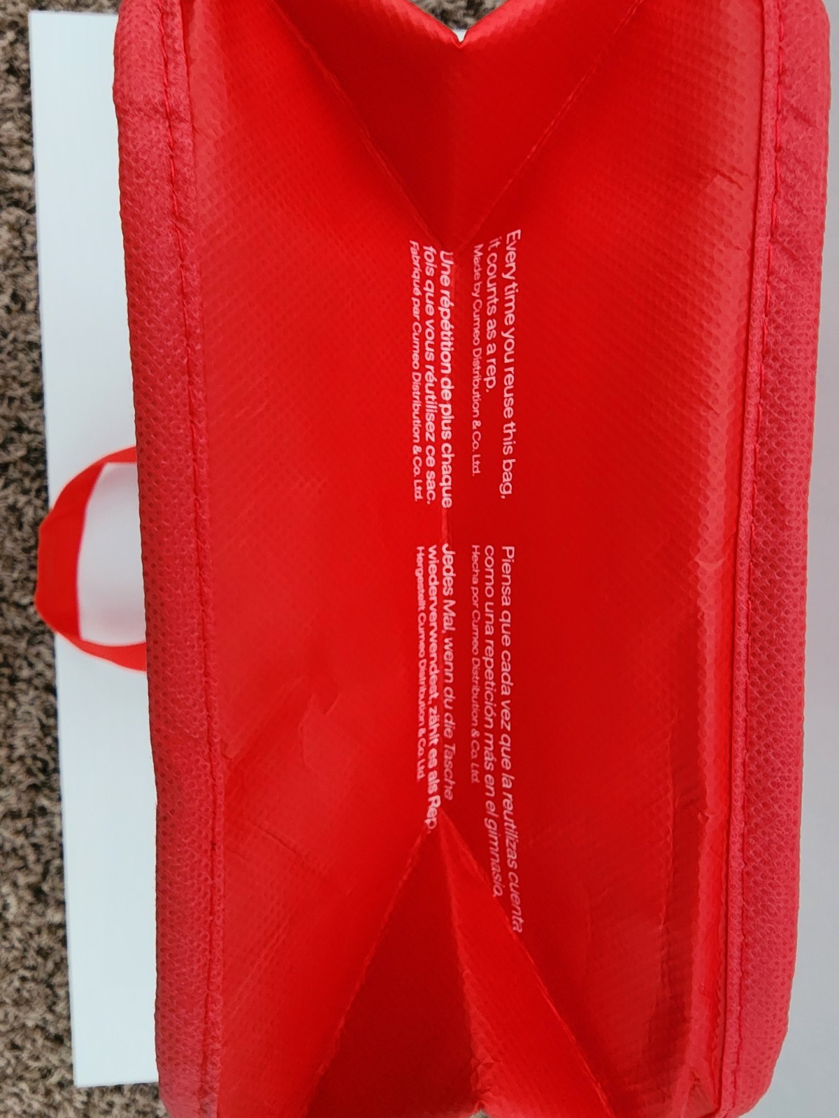 Lululemon Small Logo Reusable Shoppers Bag Red w/ logos all over front and back.
