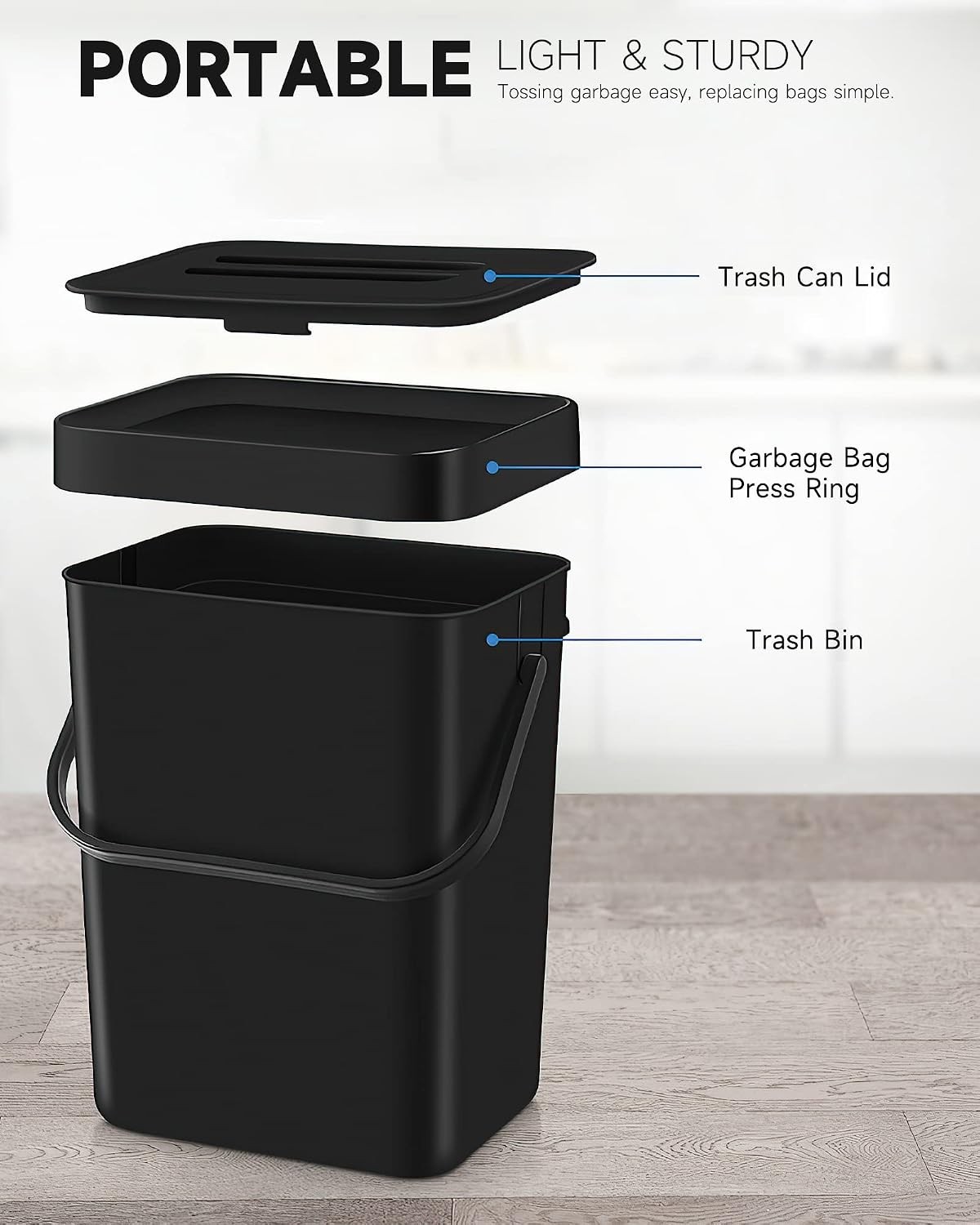 1.3 Gal Kitchen Compost Bin, Hanging Small Trash Can, 5L, Black | With Lid, H…