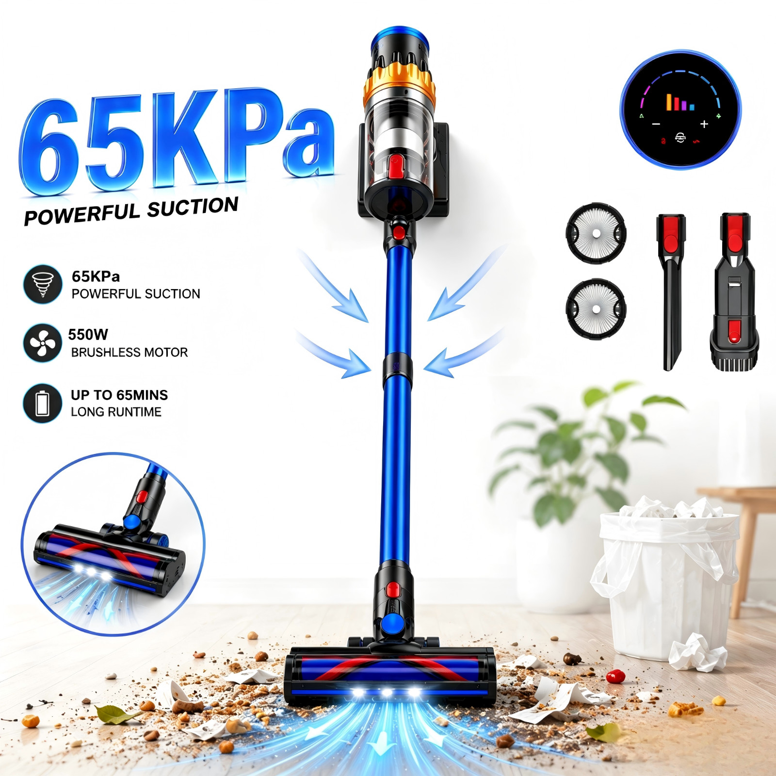 65KPa Cordless Vacuum Cleaner 65min Stick Lightweight Pet Hiar Hardwood Floor