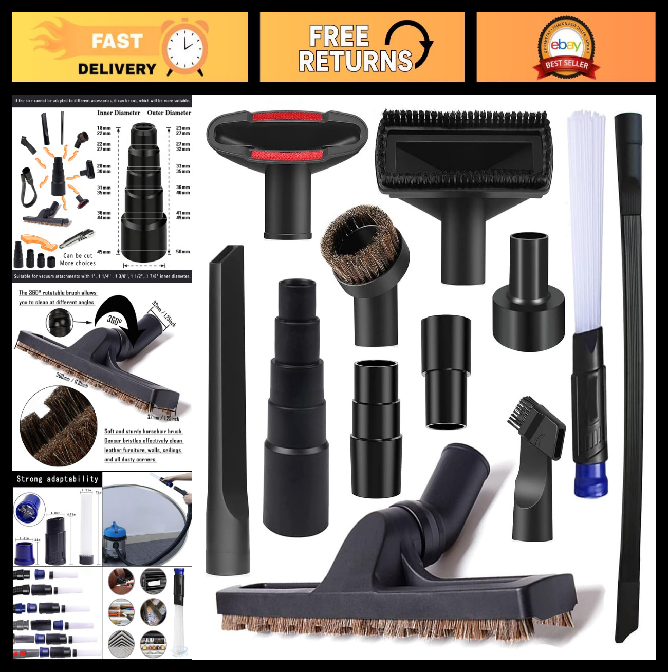 12Pcs Universal Vacuum Attachments Set – Wet Dry Hose Adapters, Hair Brush & Cre