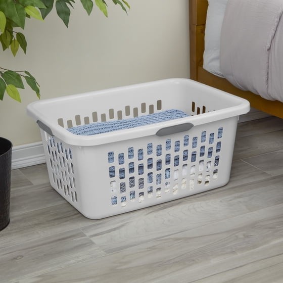 Sterilite 2 Bushel Large Plastic Laundry Basket 4 Comfort Grip Handles, White