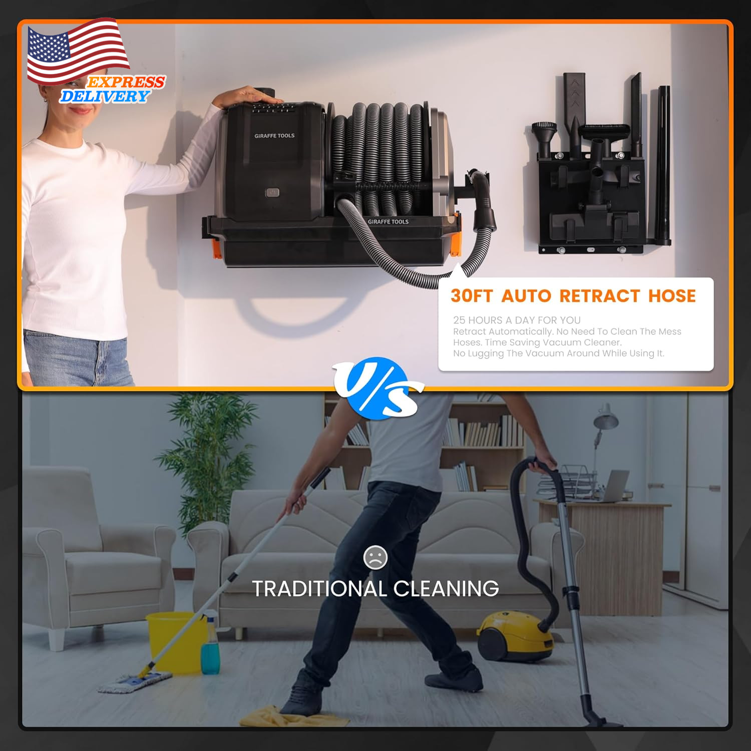 Grandstorm Wet Dry Vacuum Cleaner with 6 Nozzles 30 FT Retractable Hose USA ONLY