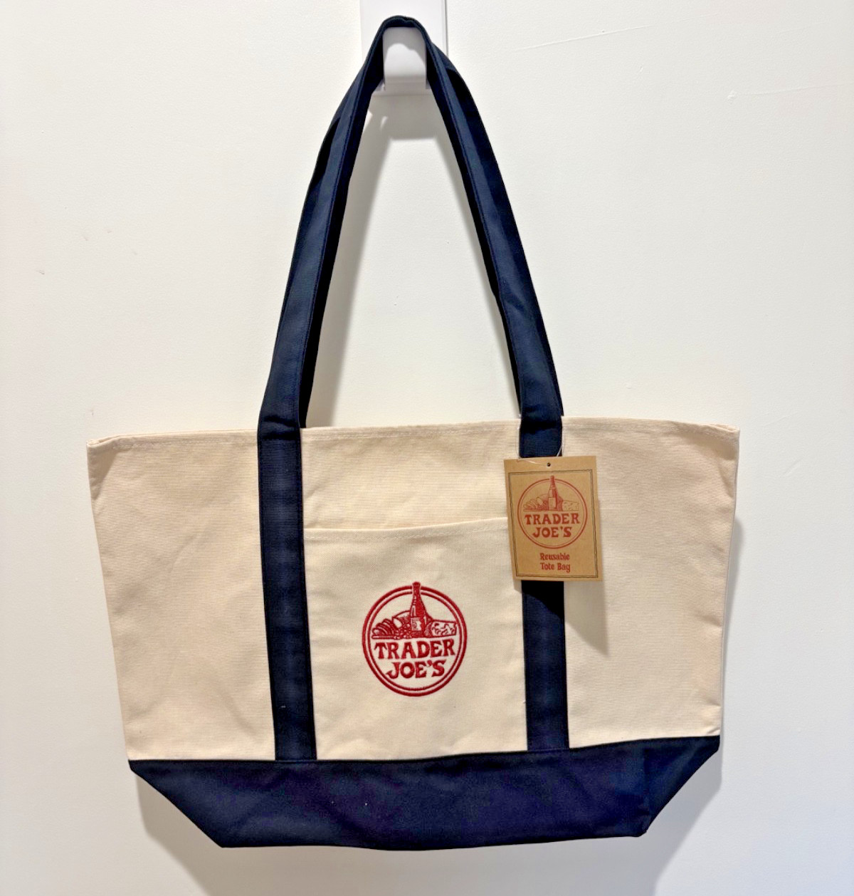 NWT – Trader Joes Canvas Tote Bag – Navy Blue and Red Colorway
