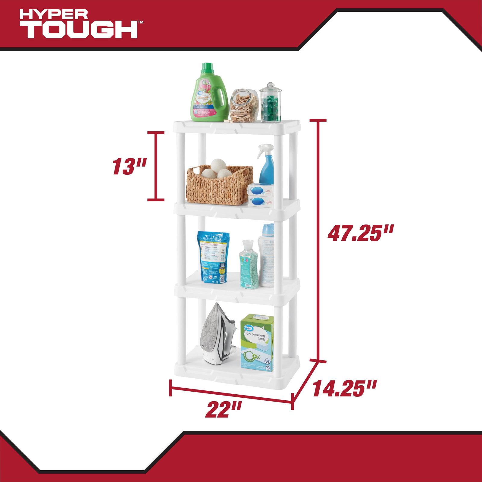 4-Shelf Black Plastic Storage Shelf, 22″ W x 14″ D x 47″ H,