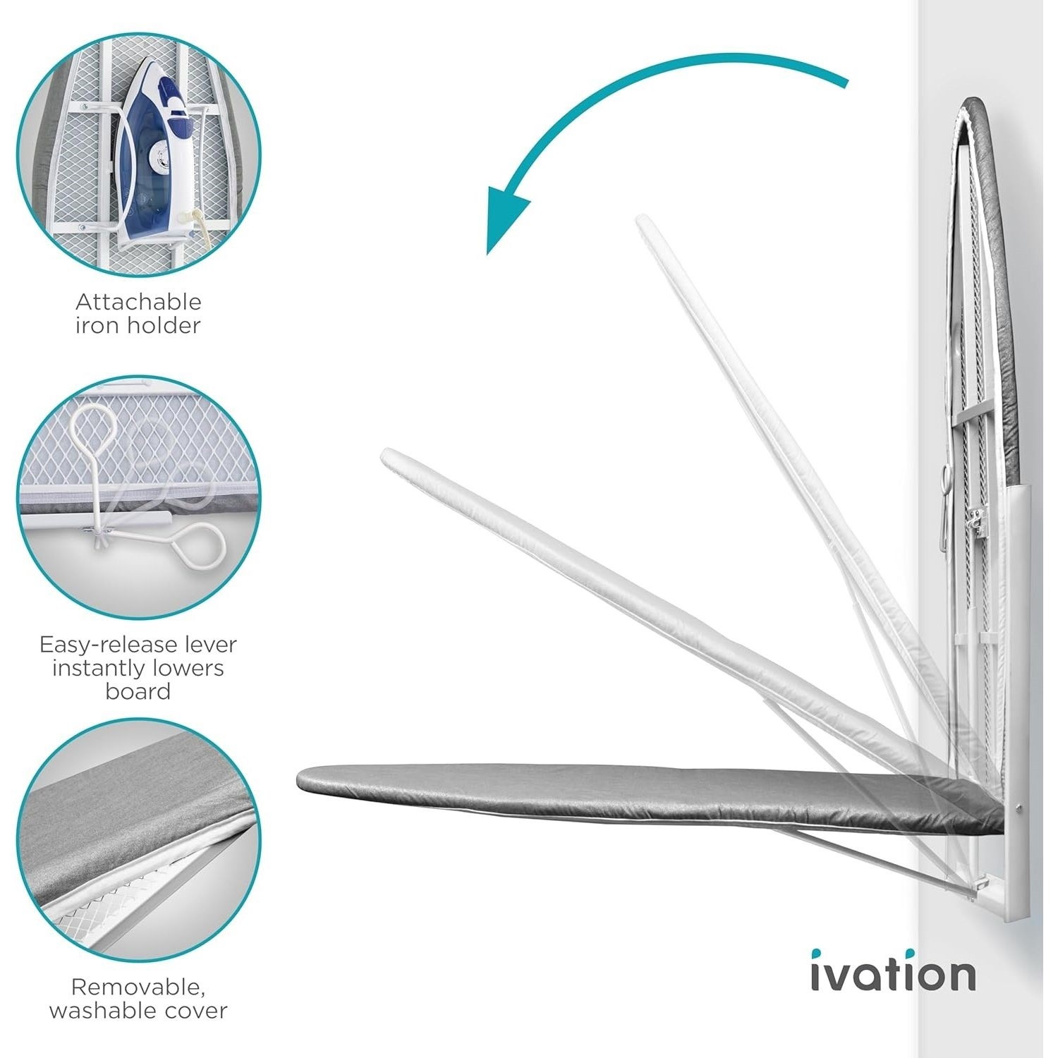 Ivation Wall Mounted Ironing Board Foldable 36×12 Sturdy Station Cover Holder