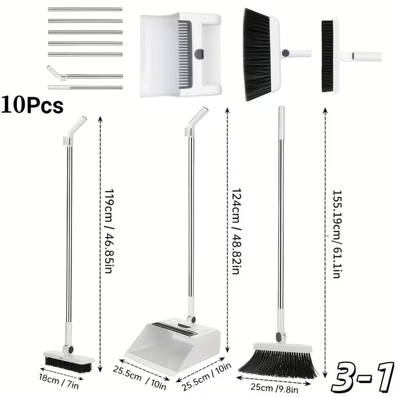 3-in-1 Long Handle Broom and Dustpan Set Foldable Upright Floor Sweeper