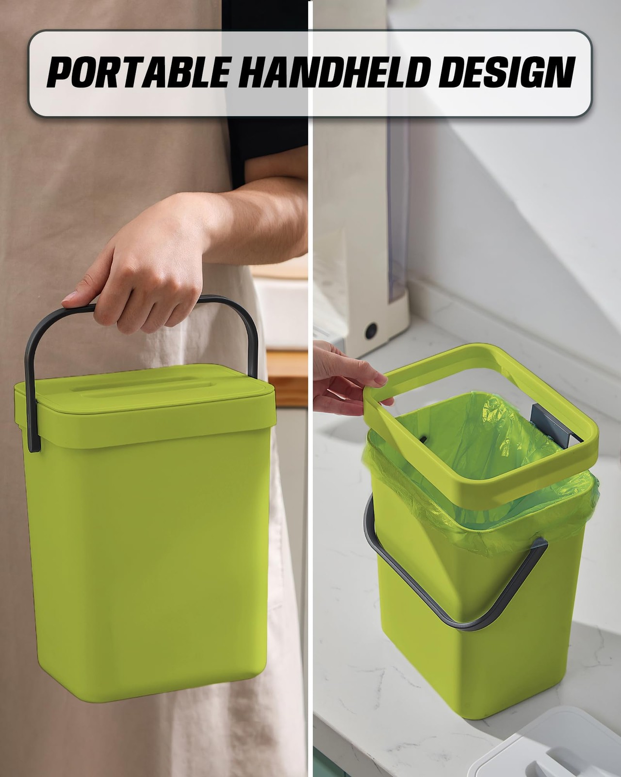1.3 Gal Hanging Small Trash Can with Lid, Countertop Compost Bin, 5L, Green