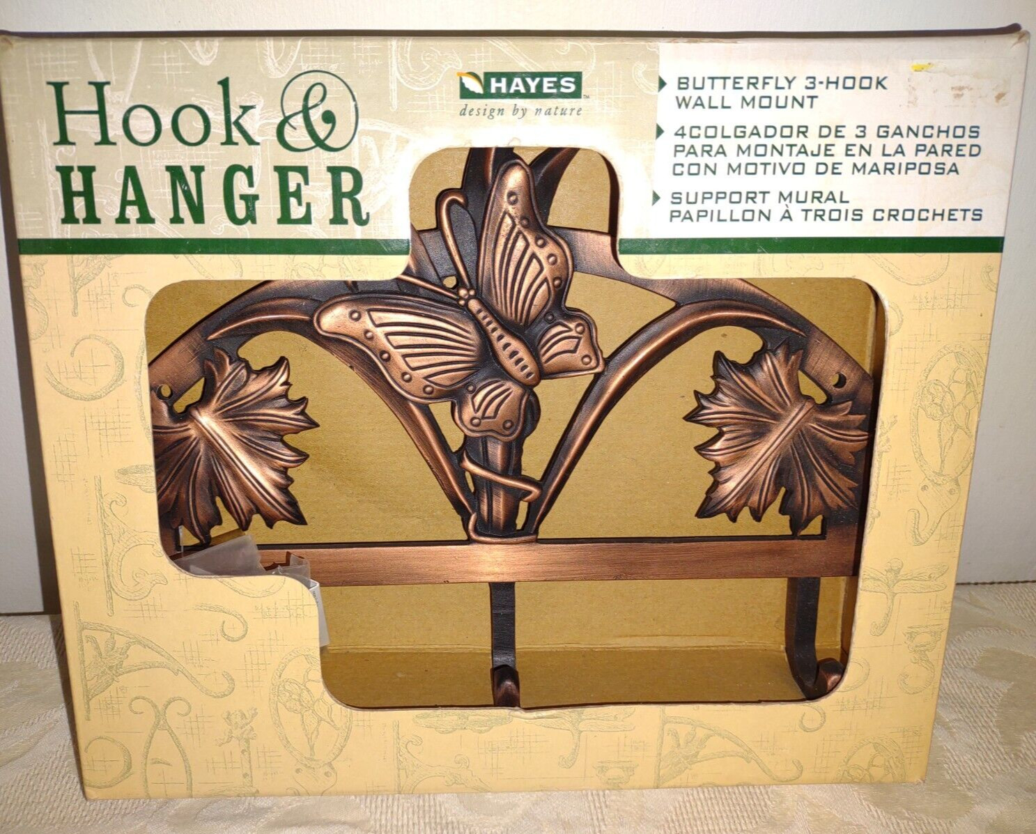 Hayes Butterfly Flower 3 Hook Wall hanger Antique Copper Metal NEW # 78156 10″