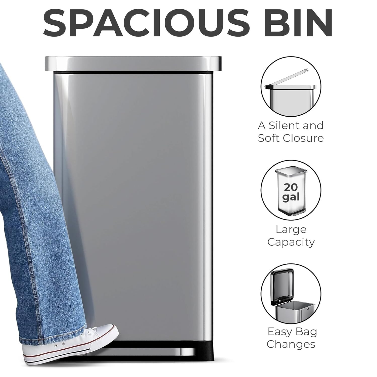 EconoHome 20 Gallon Stainless Steel Large Kitchen Trash Can with Foot Pedal