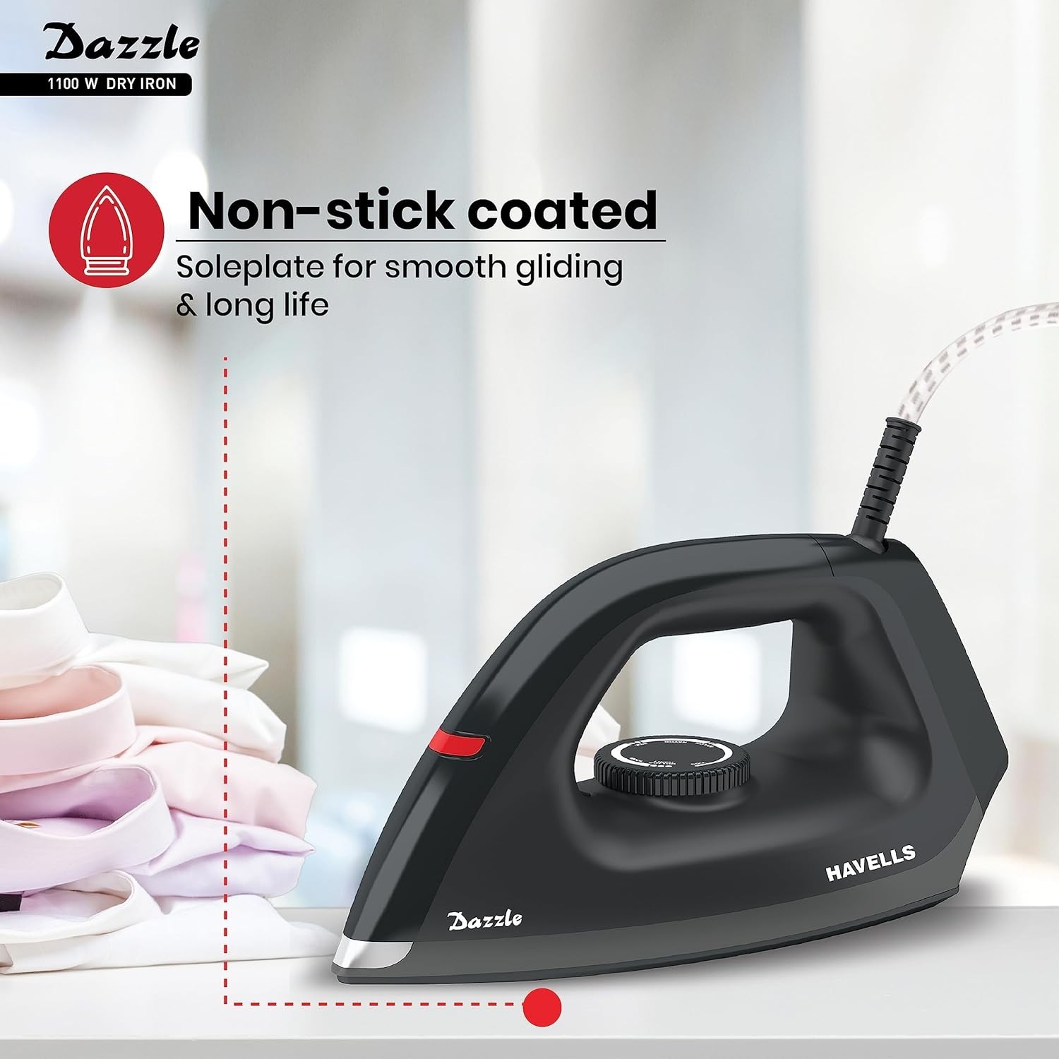 Havells Dry Iron Dazzle 1100 Watts, Iron Press, Greblon Non Sick Soleplate 220V