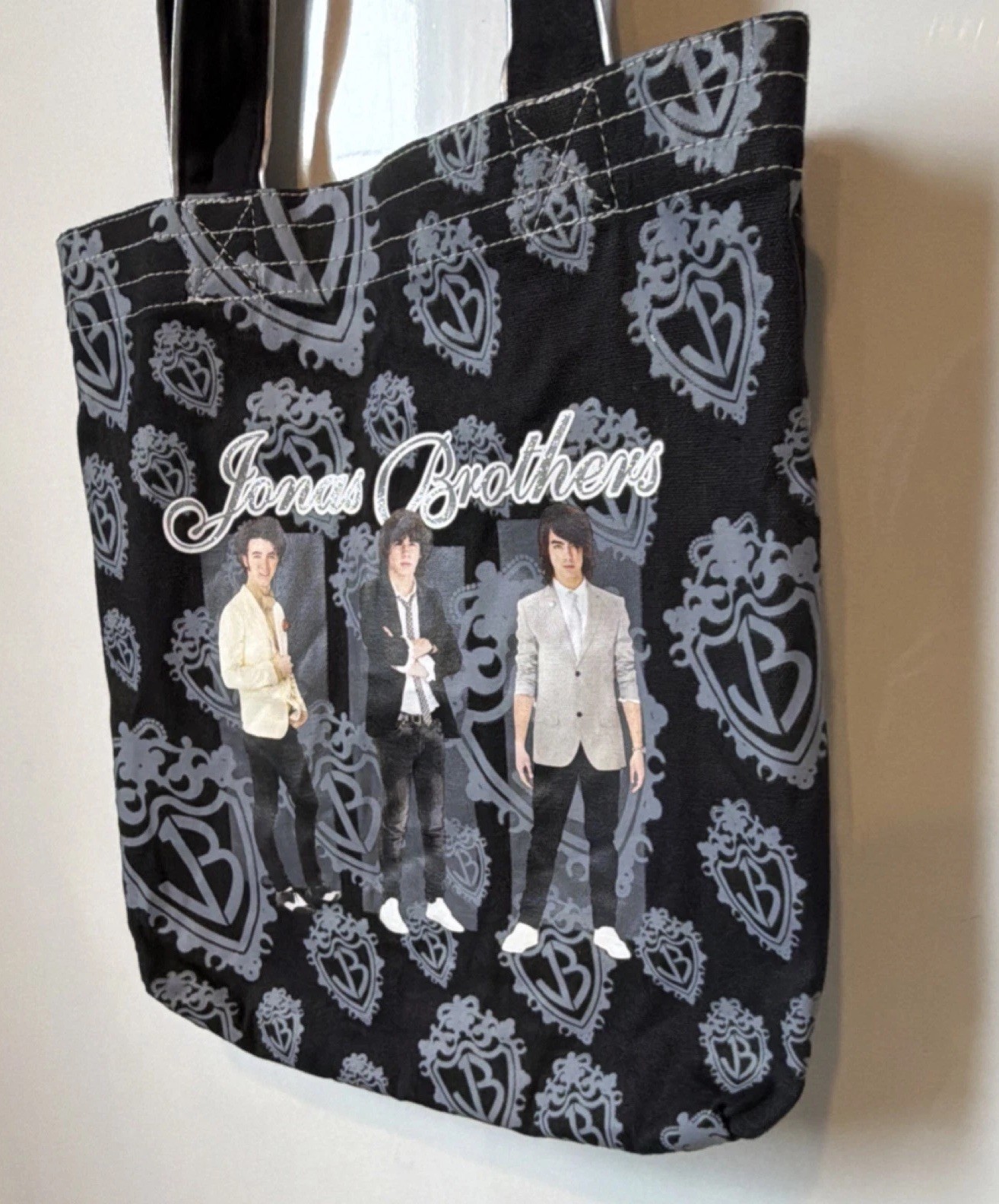 Jonas Brothers Reusable Canvas Shopping Bag Foldable Black All-Over Pattern