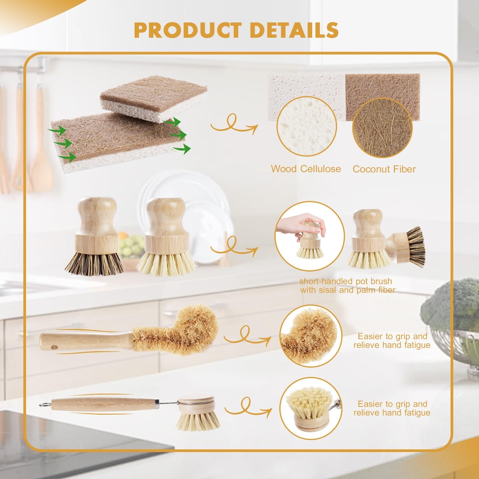 6-Piece Bamboo Dish Brush Set | Natural Coconut Sponge & Sisal Scrub Brushes for