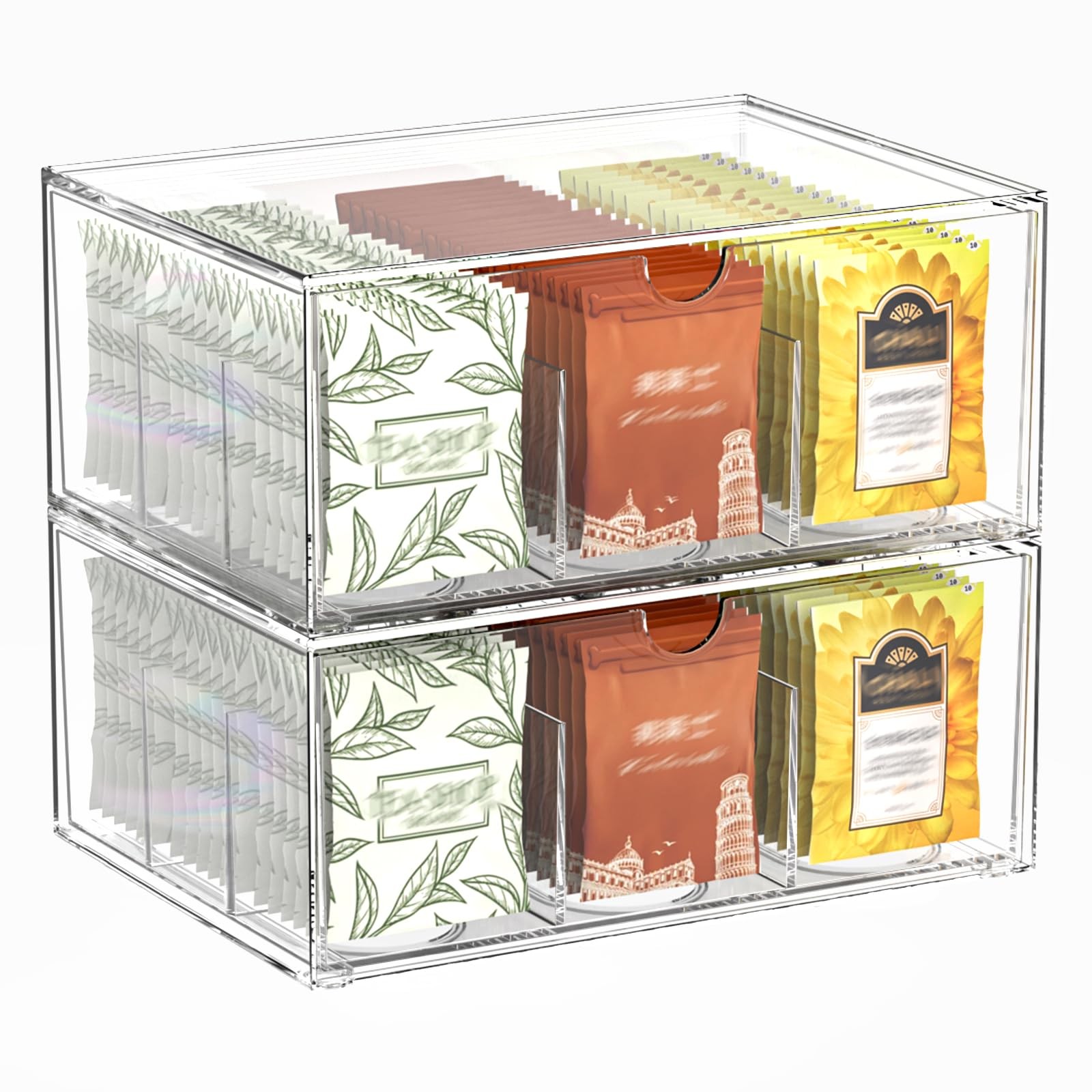 2 Pack Clear Tea Bag Organizer, Stackable Drawer 6.5 x 9 x 7.8 inches,