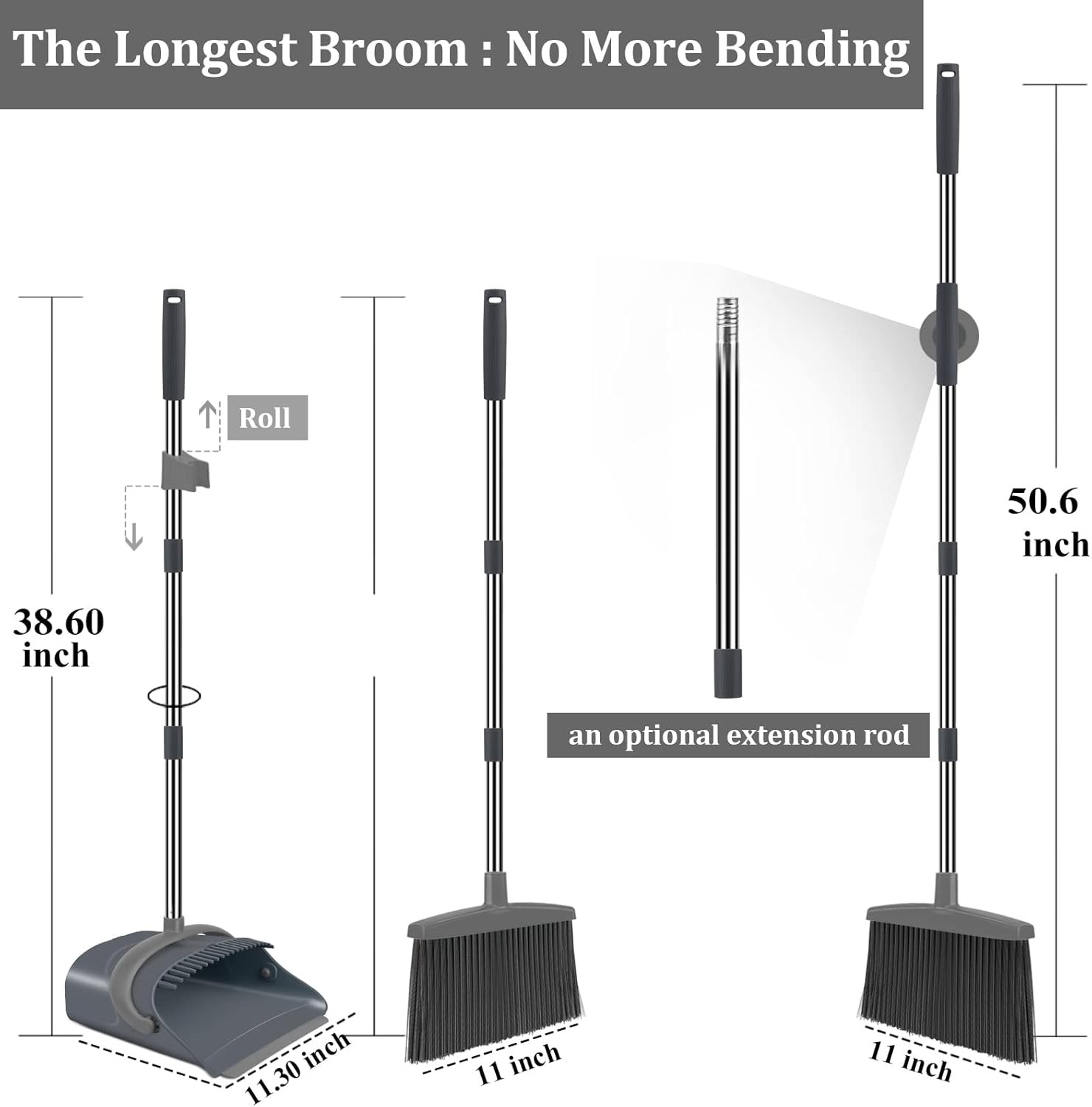 Broom and Dustpan Combo Long Handle Standing Sweeper Set Gray