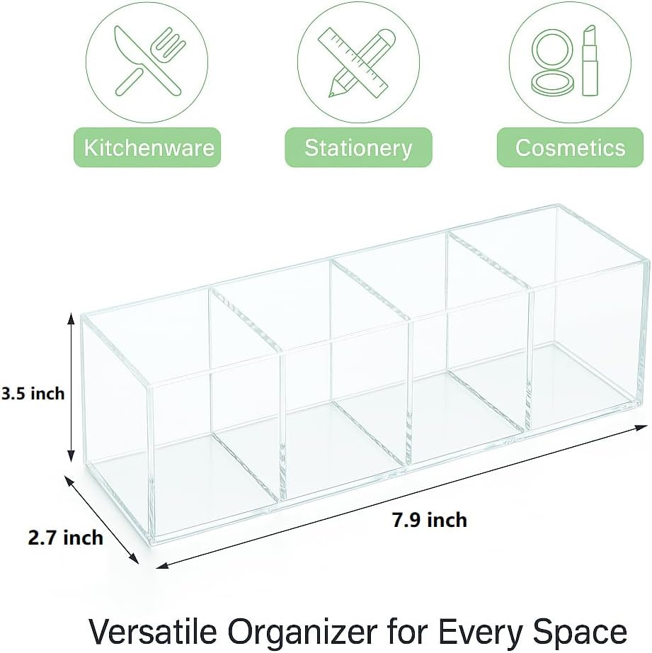 Clear Acrylic 4-Compartment Organizer Box, Small (7.9″ × 2.7″ × 3.5″) – Handcraf
