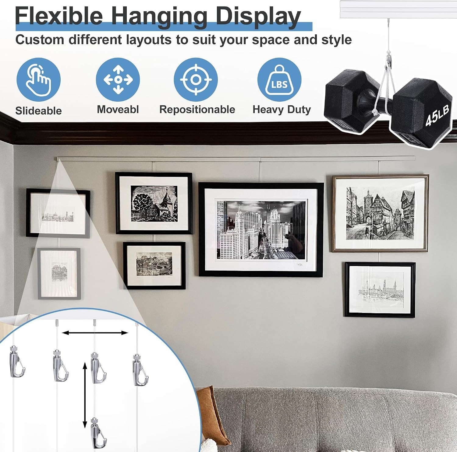 Elegant 47 Inch Picture Rail System for Gallery & Home – Adjustable & Versatile
