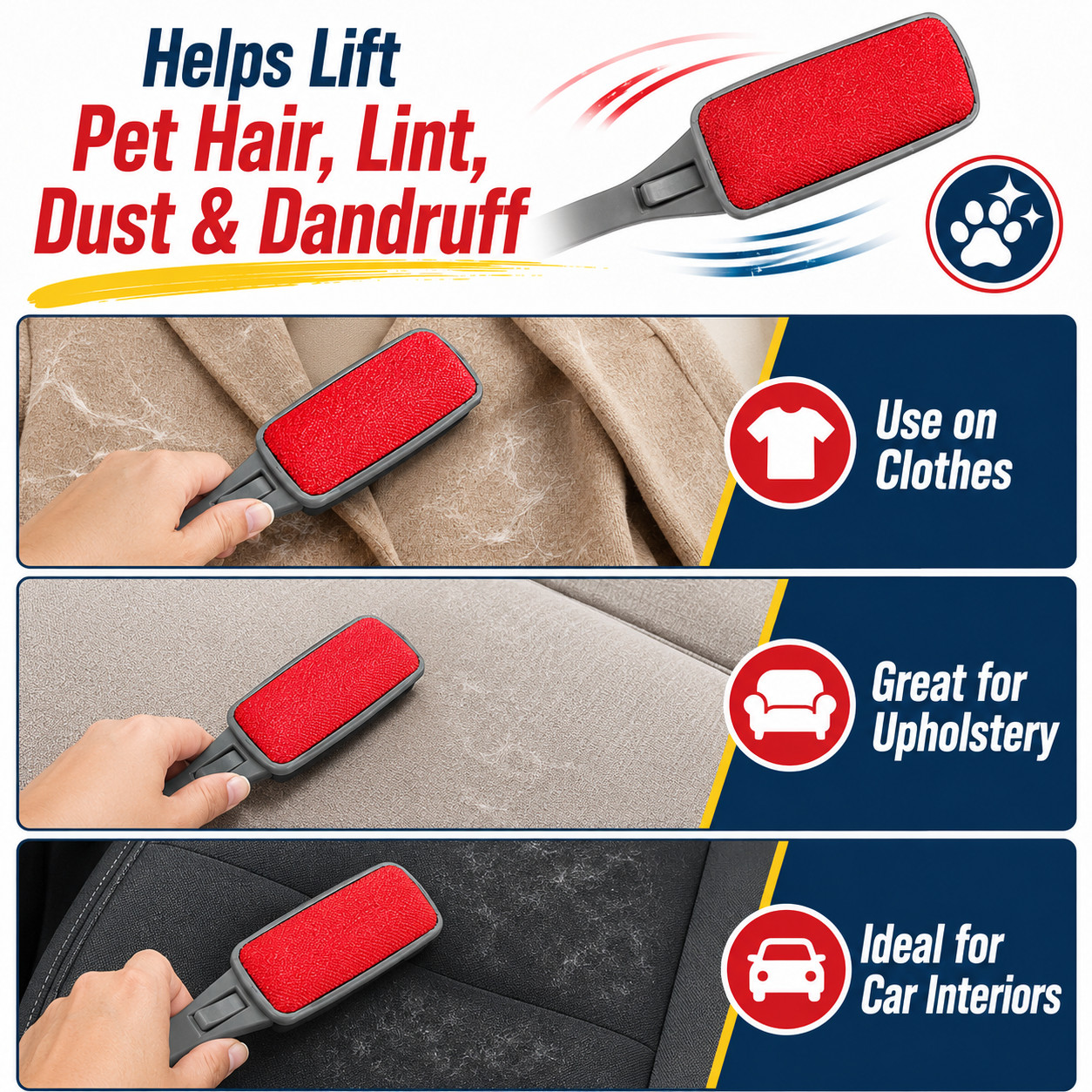3 SWIVEL MAGIC Lint BRUSH Clothes Fabric Pet Hair Dust Dandruff Remover USA