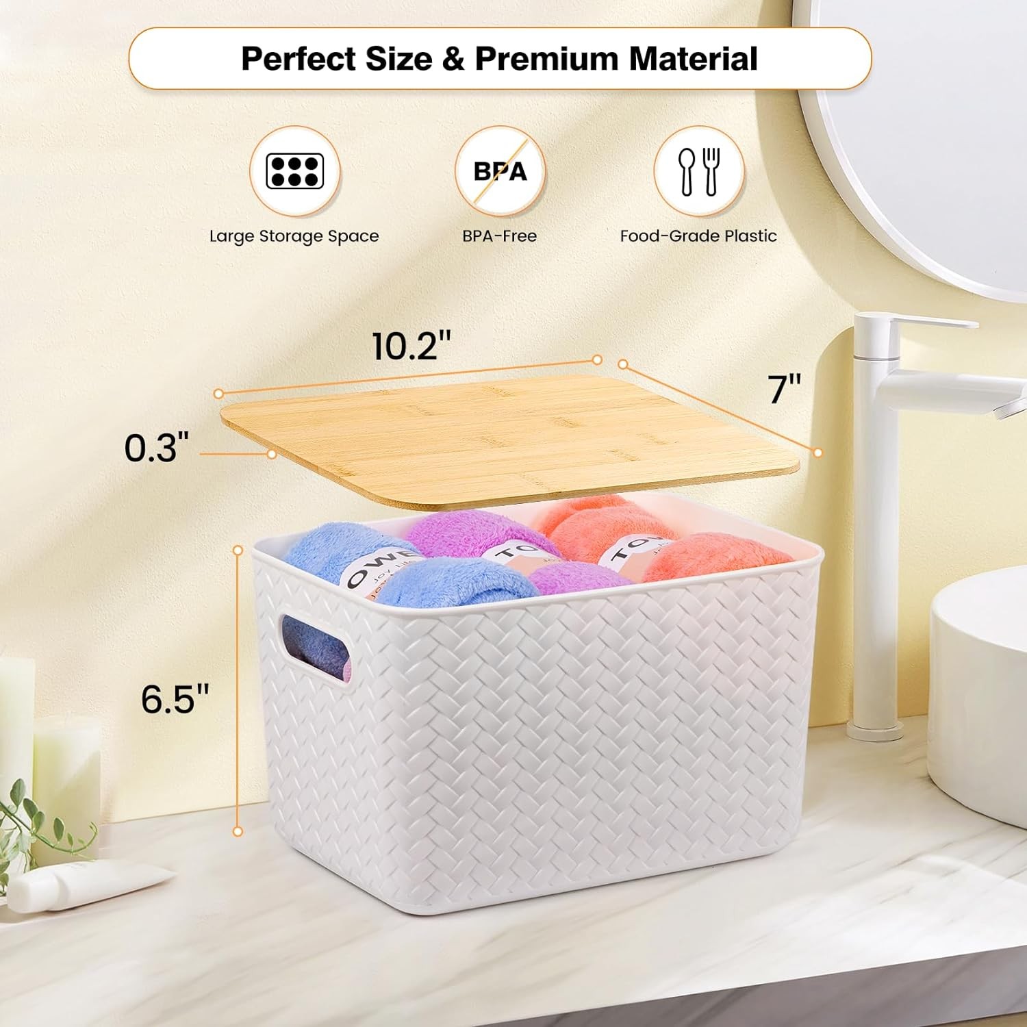 4 Packs Storage Bins with Bamboo Lids -Plastic Storage Containers Storage Box