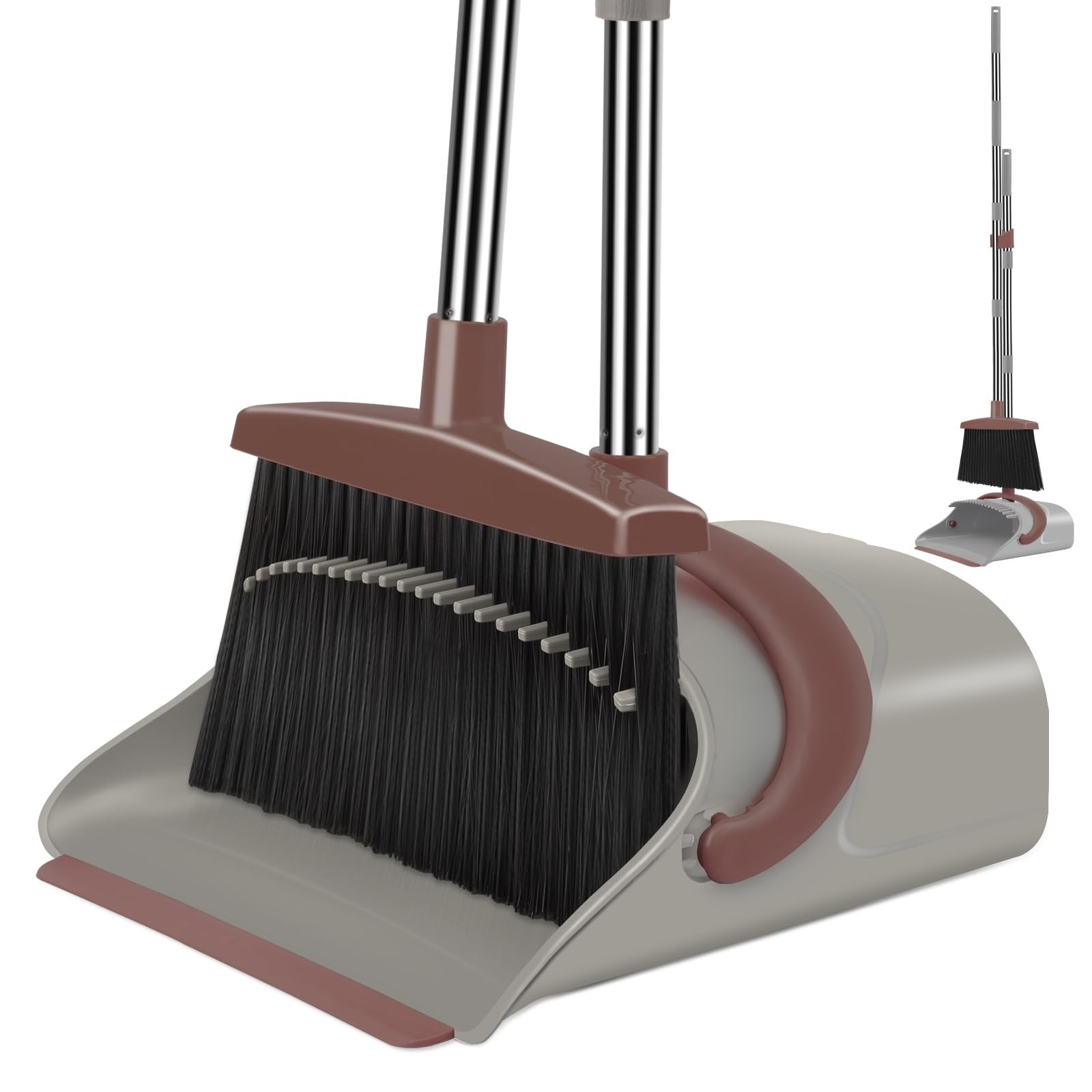 Upright Broom and Dustpan Set Self Cleaning Teeth Heavy Duty Sweeping Combo