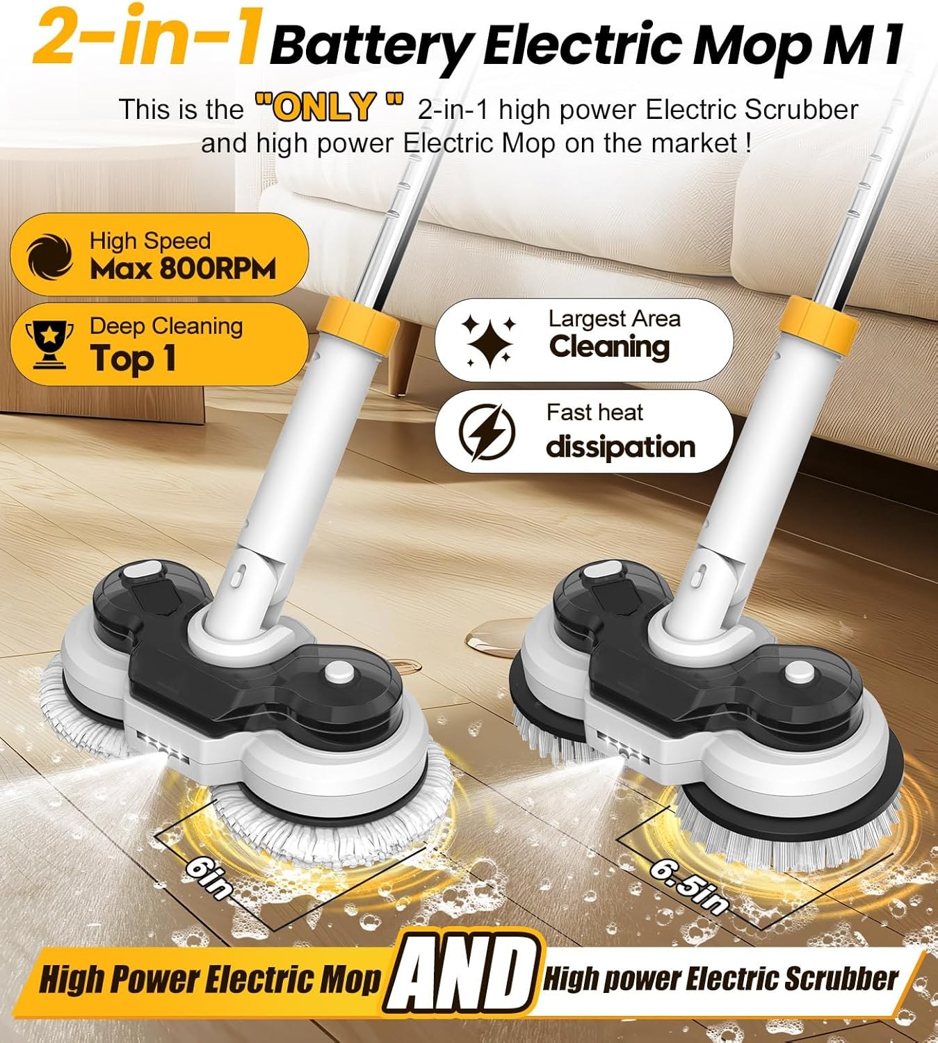 NEW,800RPM Cordless Electric Mop, 6000mAh Battery Electric Power Scrubber