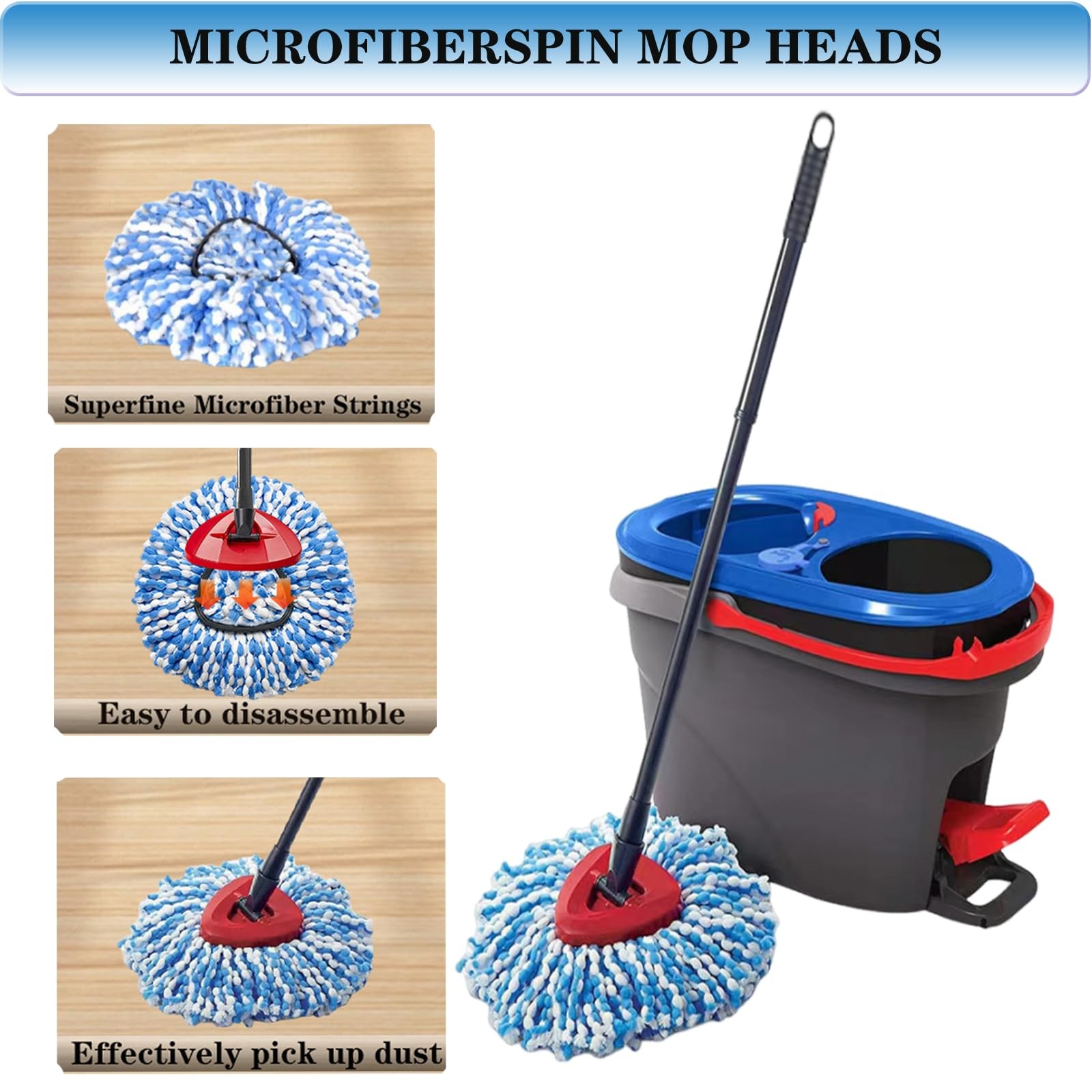 Fluffy Mop Refills 3 Pack, OCeda Spin Mop Replacement Heads, Blue