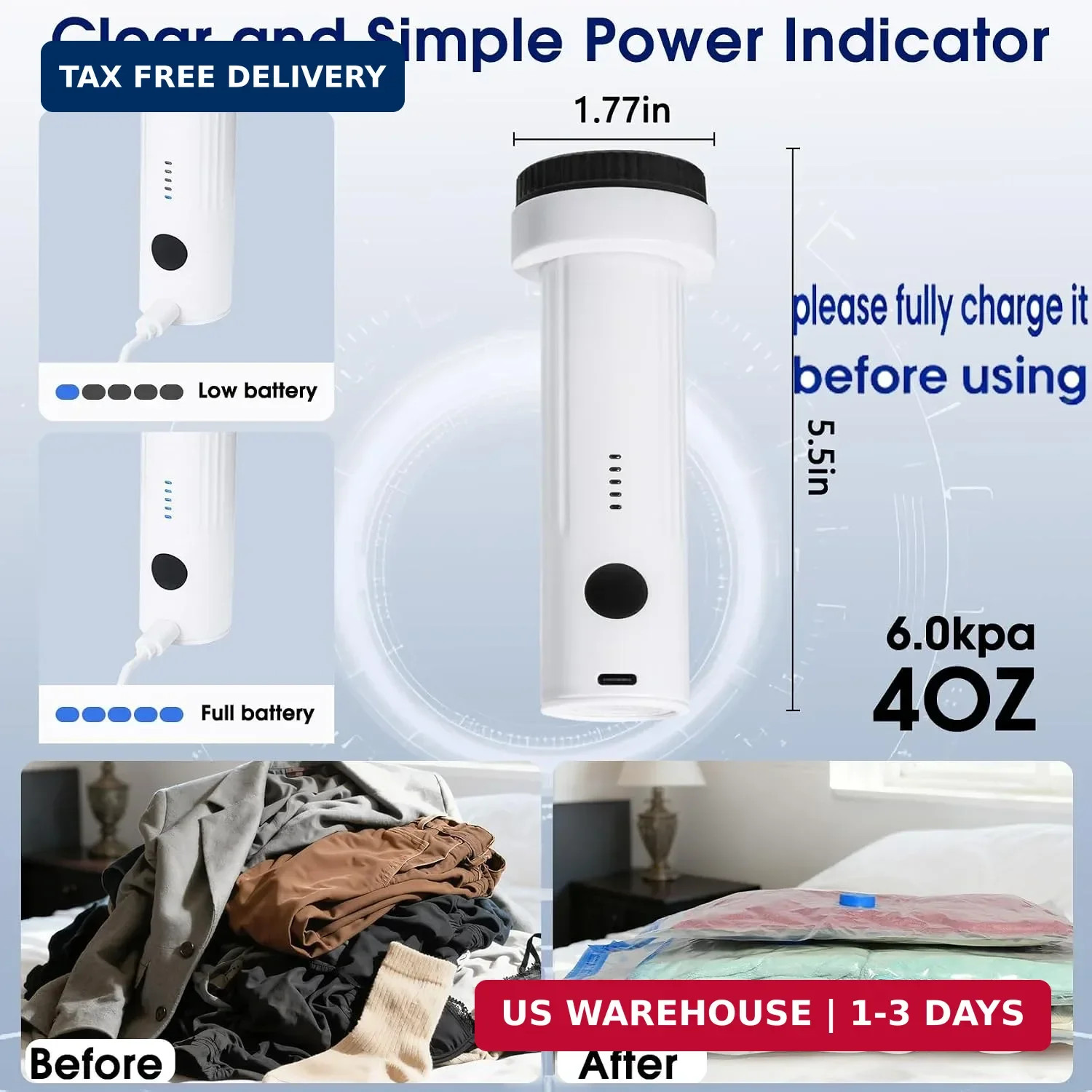 6.0Kpa Cordless Electric Vacuum Pump for Storage Bags Small Travel Air Pump | Ty