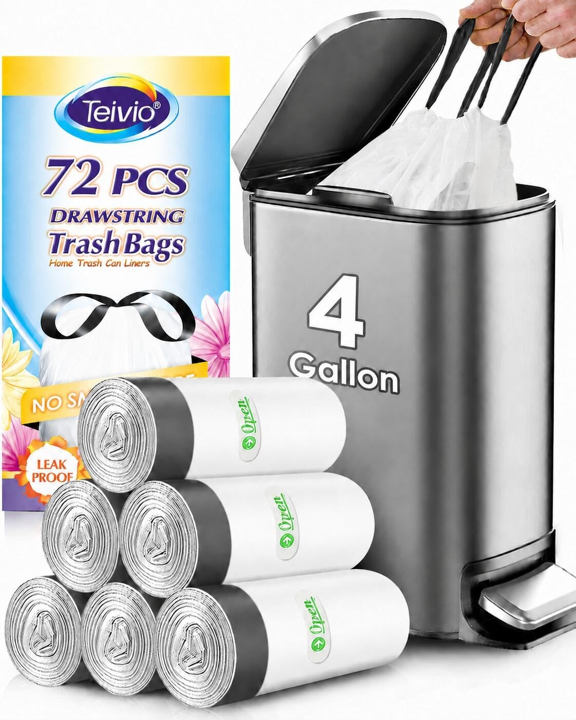 4 Gallon 72 Counts Strong Drawstring Trash Bags 1 Count (Pack of 72), White