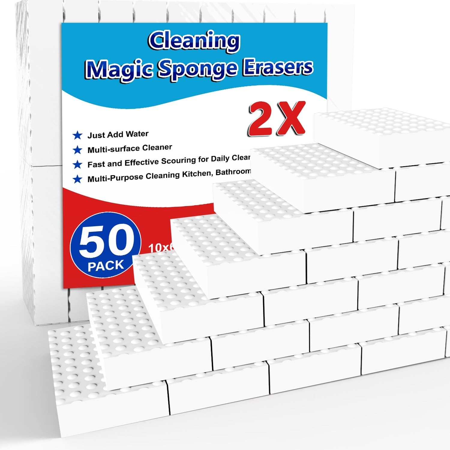 50 Pack Magic Sponge Erasers – 2X Density Melamine Foam Pads for Kitchen, Bathro